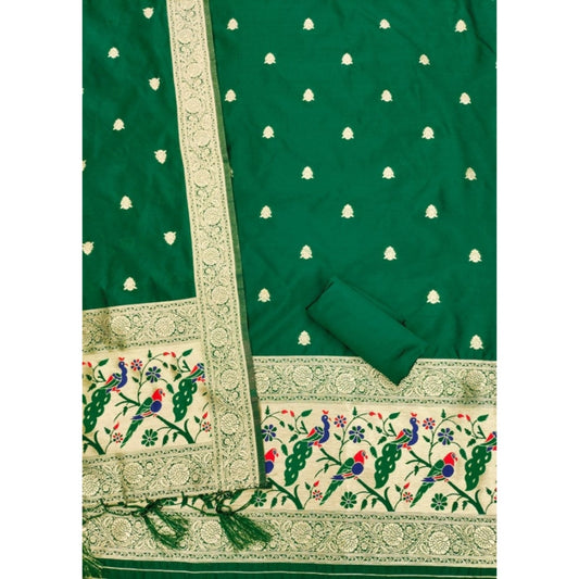 Generic Women's Banarasi Silk Printed Unstitched Salwar Suit Material With Dupatta (Bottle Green, 3Mtrs)