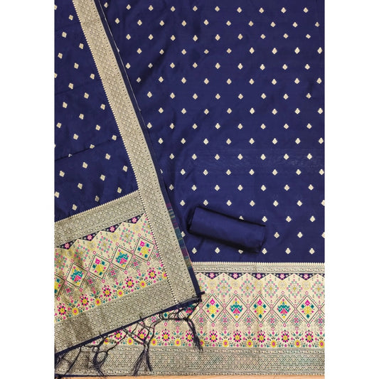 Generic Women's Banarasi Silk Printed Unstitched Salwar Suit Material With Dupatta (Navy Blue, 3Mtrs)