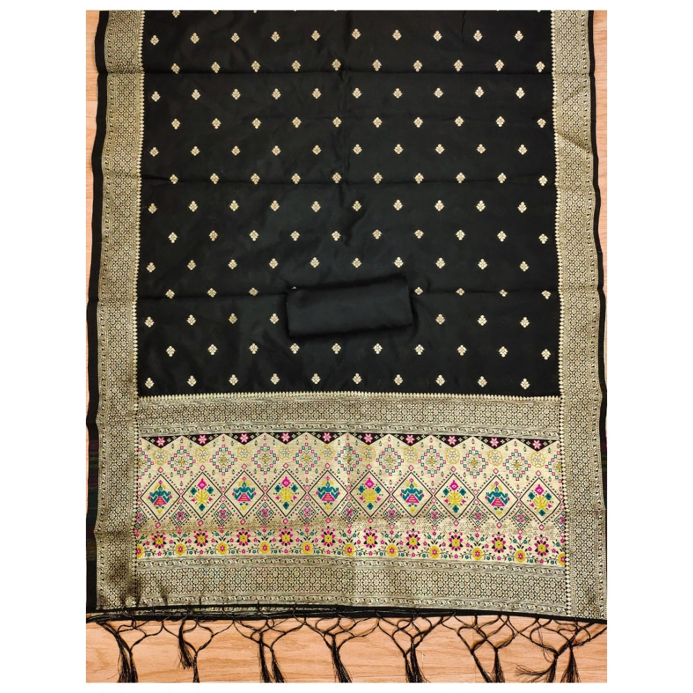 Generic Women's Banarasi Silk Printed Unstitched Salwar Suit Material With Dupatta (Black, 3Mtrs)