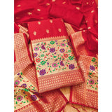 Generic Women's Banarasi Silk Printed Unstitched Salwar Suit Material With Dupatta (Red, 3Mtrs)