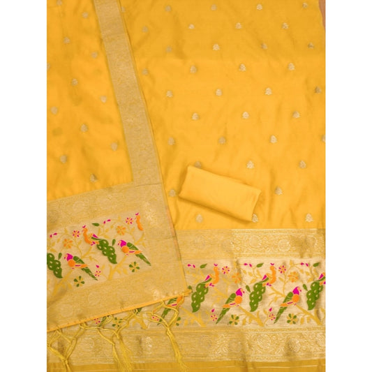 Generic Women's Banarasi Silk Printed Unstitched Salwar Suit Material With Dupatta (Yellow, 3Mtrs)