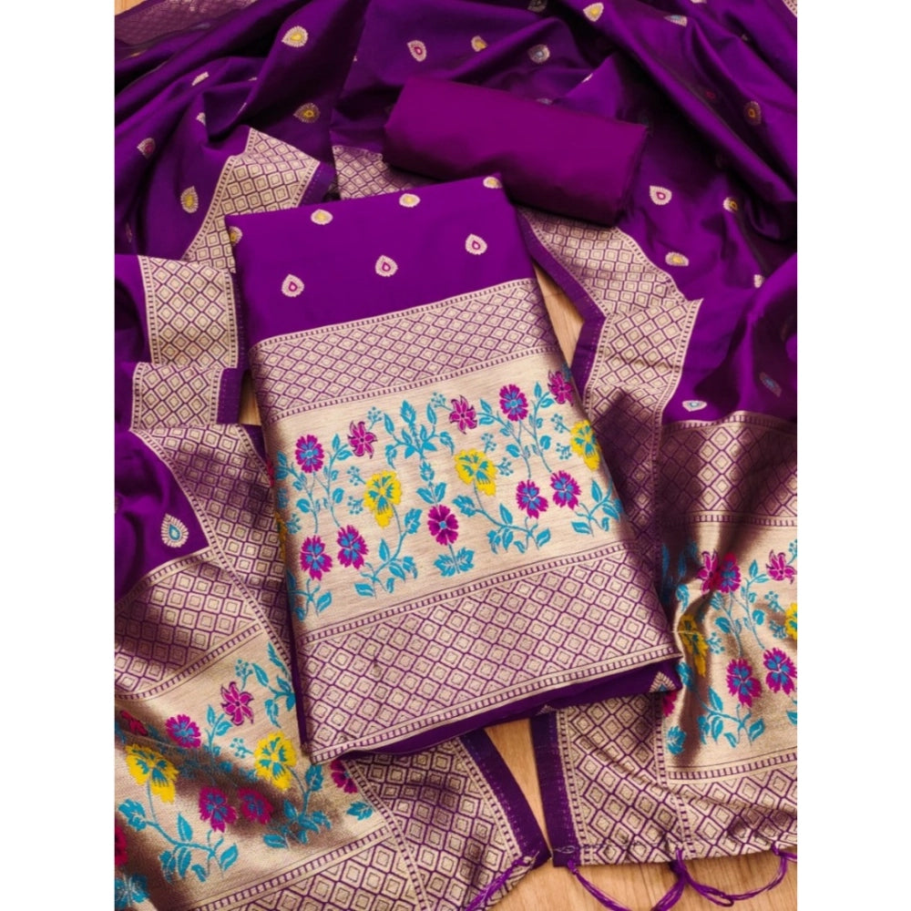 Generic Women's Banarasi Silk Printed Unstitched Salwar Suit Material With Dupatta (Purple, 3Mtrs)