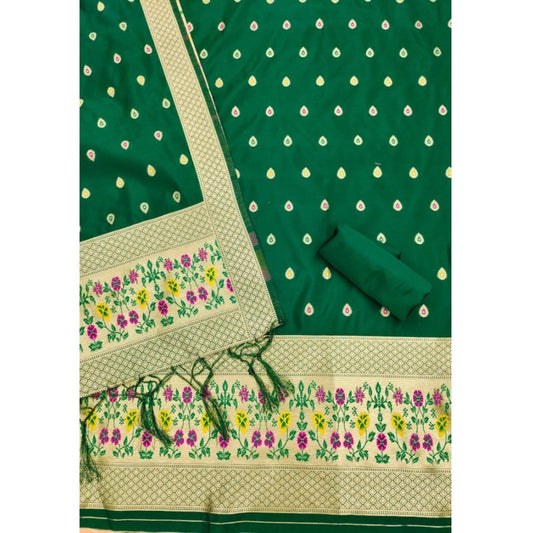 Generic Women's Banarasi Silk Printed Unstitched Salwar Suit Material With Dupatta (Bottle Green, 3Mtrs)