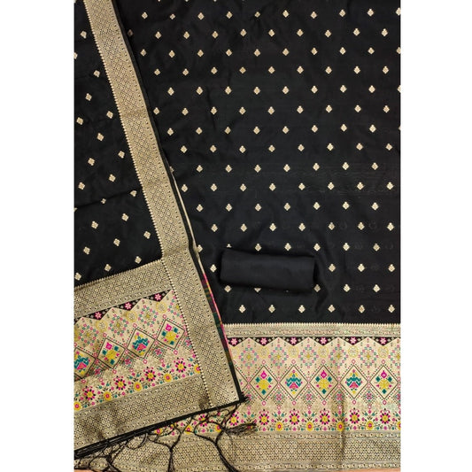 Generic Women's Banarasi Silk Printed Unstitched Salwar Suit Material With Dupatta (Black, 3Mtrs)
