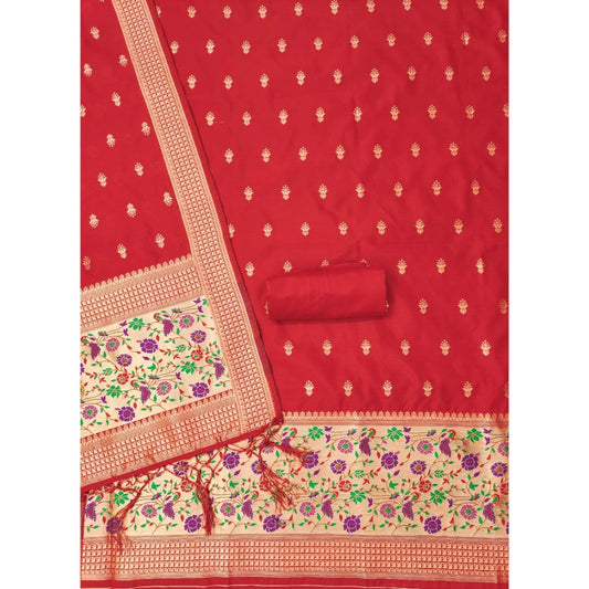 Generic Women's Banarasi Silk Printed Unstitched Salwar Suit Material With Dupatta (Red, 3Mtrs)