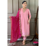 Generic Women's Roman Silk Embroidery 3-4th Sleeve V-Neck Kurti With Pant Dupatta Set (Pink)