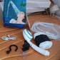 Portable outdoor shower kit components laid out neatly