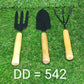 The ergonomic handles of the hand cultivator, trowel, and garden fork, designed for comfort.