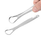 Stainless steel tongue scraper shown with its protective travel case.