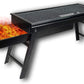 Side view of the FirePot portable charcoal BBQ grill, emphasizing its stable triangular support.
