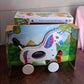Unicorn pull along toy displayed packed in retail packaging ready for sale