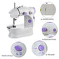 Electric mini sewing machine powered by adapter or batteries.