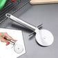 Stainless steel pizza cutter with an ergonomic handle for easy slicing.
