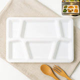 White plastic multi-compartment meal serving tray with 6 sections for portioned dining.
