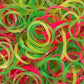Close-up of vibrant multicolor elastic rubber bands.