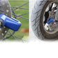 Easy-to-use disc lock securing a motorcycle's front wheel.