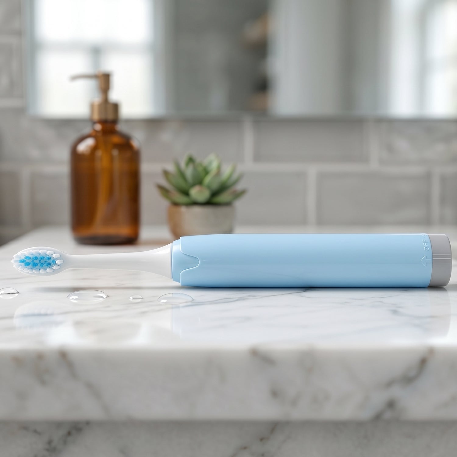 Toothbrush on bathroom counter demonstrating portability