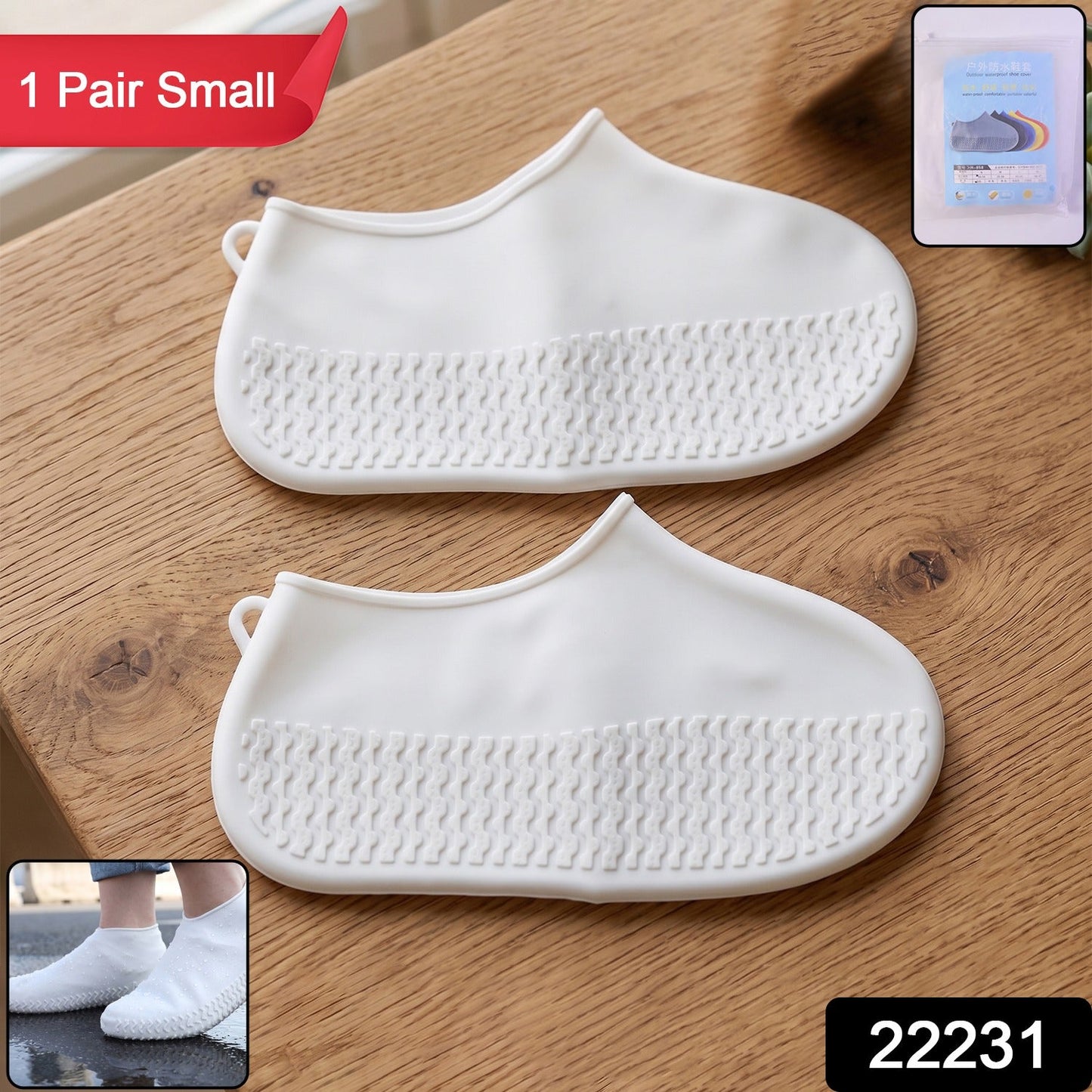 Pack of white rain shoe covers for outdoor use