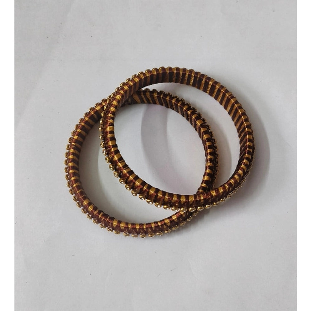 Generic Women's Plastic Silk Thread Bangles (Gold-Dark Brown, Size: 2.6)
