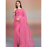 Generic Women's Net Self Design Saree With Unstitched Blouse 5.5Mtr (Dark Pink)