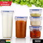 Stackable round plastic containers showcasing their leak-proof seal for various food items.