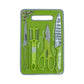Compact plastic chopping board accompanied by a sharp stainless steel knife and scissors.
