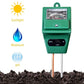 A gardener using the soil pH meter to check plant health in an outdoor setting.