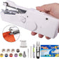 Angled view of the  cordless handheld sewing machine, showcasing its compact size.