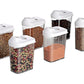 Collection of six easy flow storage jars with colorful lids for kitchen organization.
