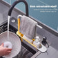 Side view of the sink rack highlighting its integrated bar for hanging dishcloths to dry.