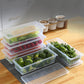 Food storage container demonstrating how the drain plate separates food from excess liquid.
