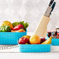 Set of three sky blue storage baskets, perfect for kitchen organization.