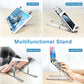 Versatile metal laptop holder supporting a laptop, tablet, and phone on a clean desk.