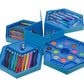 Detailed view of the organized compartments of the oil pastel art kit with various colors.