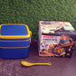The complete blue portable bento lunch box with spoon and ergonomic carrying handle.