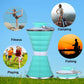 The folding refillable silicone water bottle demonstrated in its compact, space-saving size.