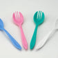 Set of 10 durable plastic dinner forks for family meals.