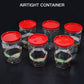 Stackable dry food storage jars filled with various grains and pulses.