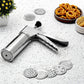 Stainless steel kitchen press with 15 interchangeable discs for making various Indian snacks.