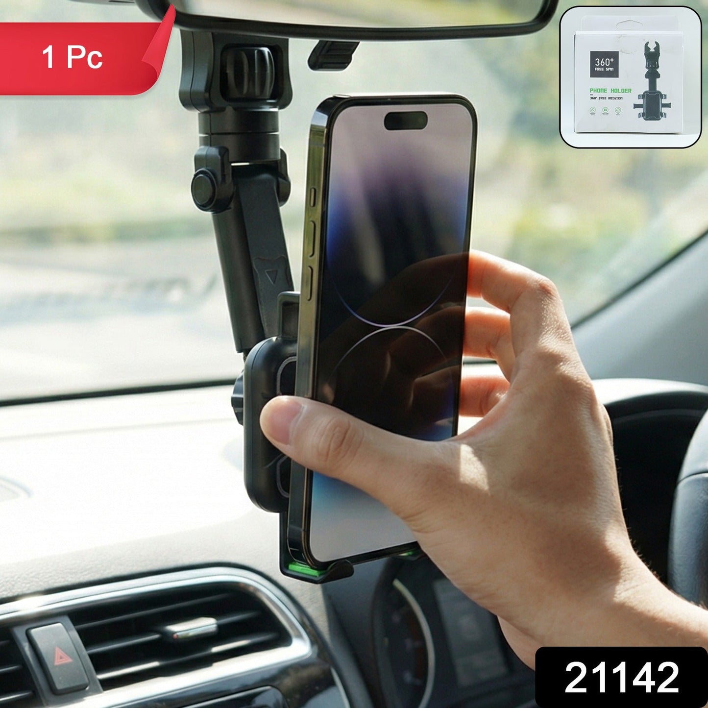 Adjustable rearview mirror phone mount with 360 degree rotation feature