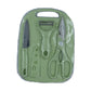 Multipurpose kitchen cutting board with integrated knife and scissor storage.