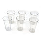 Transparent plastic drinking glasses filled with refreshing beverages.