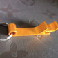 Angled view of stainless steel metal keychain with sleek look