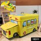Two children happily sitting on the sturdy School Bus Toy Storage Box in a colourful playroom.