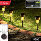 Outdoor solar pathway lamps with glowing LEDs in garden setting