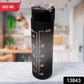 Ergonomic design of the black motivational water bottle with its integrated carry strap.