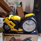 Retro Motorcycle Alarm Clock displayed on a light wooden table, enhancing the room's aesthetic with its novelty design.