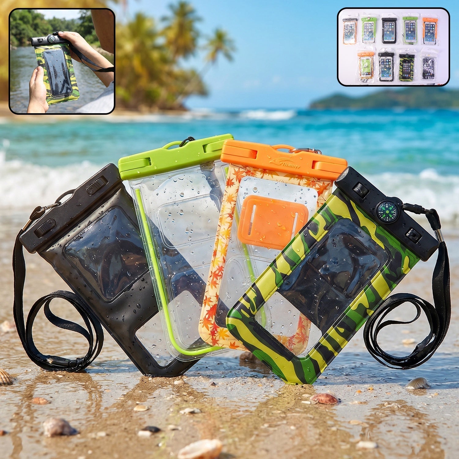 Main view of waterproof mobile pouch with compass