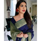 Generic Women's Litchi silk Printed Saree With Unstitched Blouse (Blue)