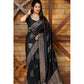 Generic Women's Litchi silk Printed Saree With Unstitched Blouse (Black)